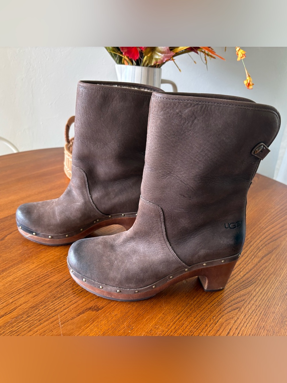 UGG Brown Leather Studded Clog Heeled Boots